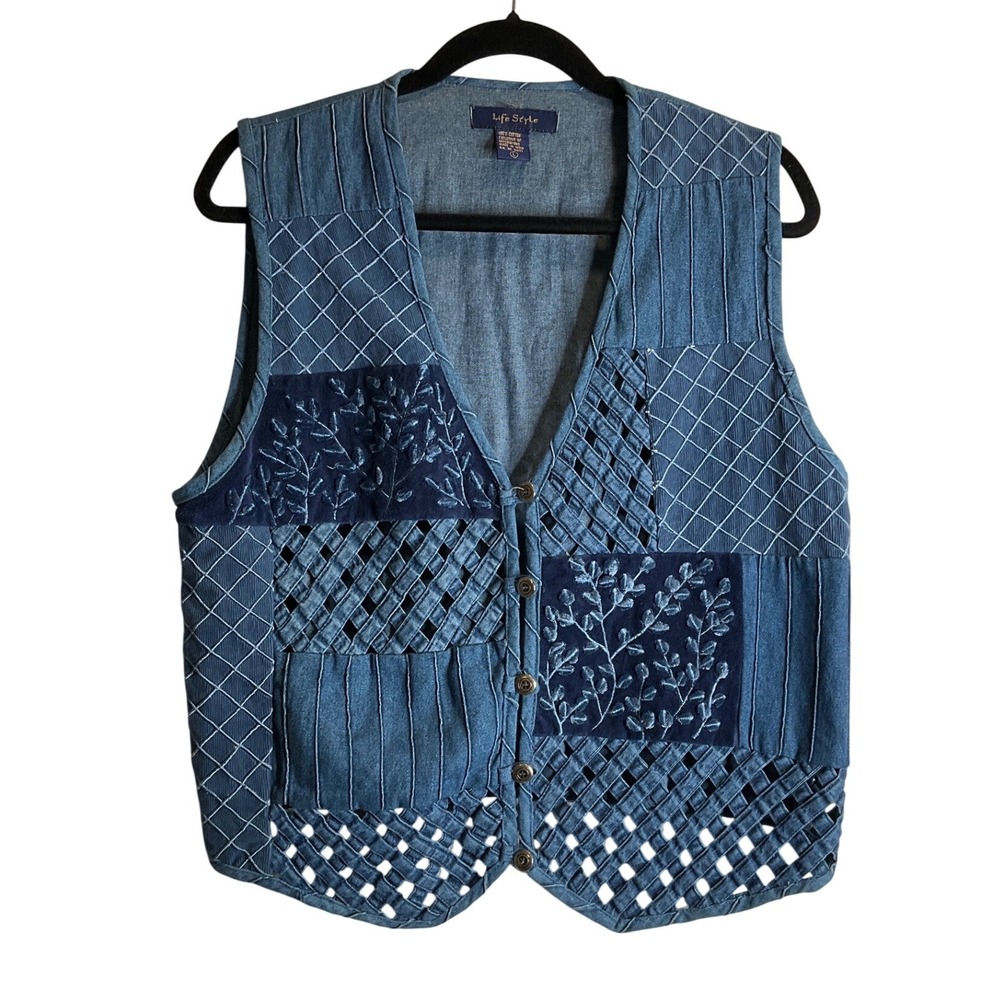 Vintage Life Style Denim Velvet Weaved Patchwork Button Up Vest Western Boho L